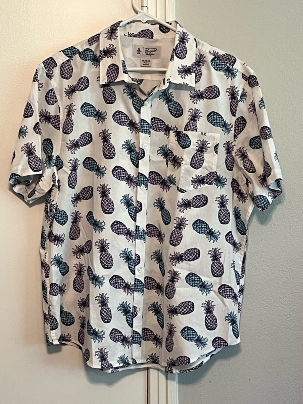 Original Penguin Pineapple Print Short-Sleeve Shirt - White/Purple/Teal - XL